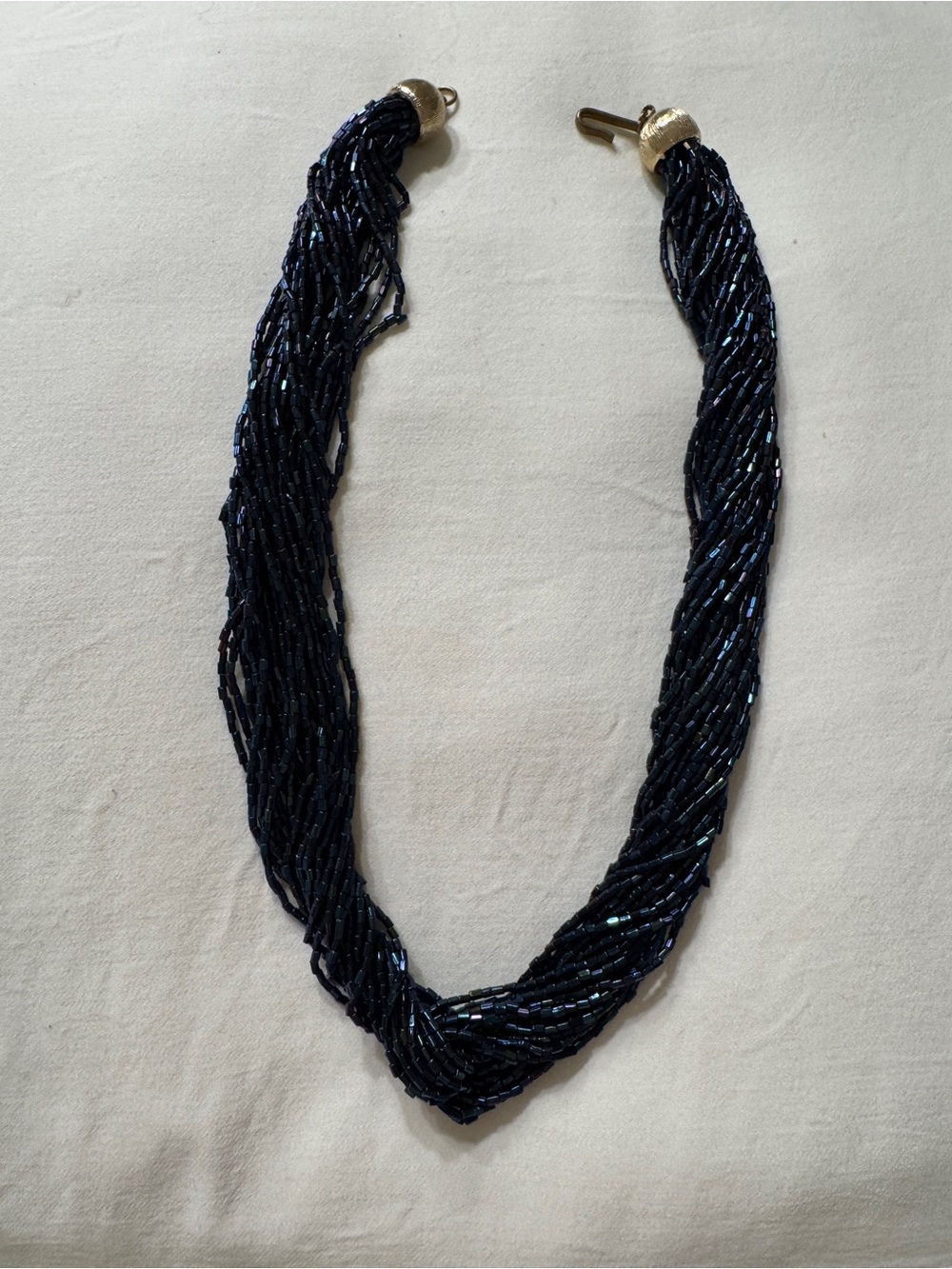 Vintage Multi-Strand Navy Metallic Beaded Necklace with Gold Caps